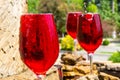 Beautiful view to wine fountain outside the winery on Moldavia in sunny summer day.