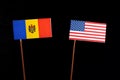 Moldovan flag with USA flag isolated on black