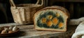Moldy bread loaf with green and orange spots on rustic wooden table, copy space for text Royalty Free Stock Photo