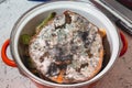 Moldy pumpkin in the pan. Close up mold view Royalty Free Stock Photo