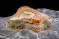 Moldy sandwich with smoked meat in a plastic bag. Dark bread with grains covered with white mold Royalty Free Stock Photo