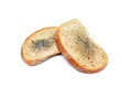 Moldy spoiled bread on an isolated white background. Royalty Free Stock Photo