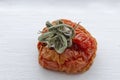 Moldy ugly rotten spoiled red tomato with white mold on a light background. Stale food. food processing and waste. with Royalty Free Stock Photo