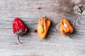 Moldy and wrinkled rotten peppers. Concept of unhealthy, decompose, spoiled vegetables. Garbage dump rotten food on wooden