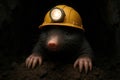 A mole miner in a helmet with a lantern in a dark hole. Royalty Free Stock Photo