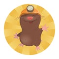 The mole in a miner`s helmet waves a hand