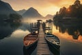 Mole (pier) on the lake. Wooden bridge in forest in spring time with blue lake. Lake for fishing with pier. Royalty Free Stock Photo