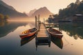 Mole (pier) on the lake. Wooden bridge in forest in spring time with blue lake. Lake for fishing with pier. Royalty Free Stock Photo