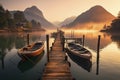 Mole (pier) on the lake. Wooden bridge in forest in spring time with blue lake. Lake for fishing with pier. Royalty Free Stock Photo