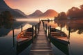 Mole (pier) on the lake. Wooden bridge in forest in spring time with blue lake. Lake for fishing with pier. Royalty Free Stock Photo