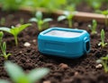 Mole repeller in garden with pea sprouts. Solar powered ultrasonic device keeps pests away. Eco friendly pest control tech on Royalty Free Stock Photo
