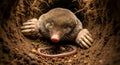 Mole with sharp claws emerges from earthy tunnel, with an earthworm nearby Royalty Free Stock Photo