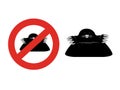 Mole on white background. Black silhouette in a red circle. Symbol of stop garden pest. Sign of ban on a mole.