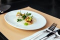 Molecular Creative Fine Dining: Hokkaido Scallop with green apple, hazelnut and shellfish veloute. Served in white plate. Royalty Free Stock Photo