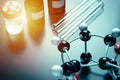 Molecular formula and laboratory equipment on a blue background. Science organic chemistry concept Royalty Free Stock Photo