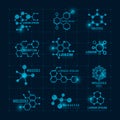 Molecular logo with shine effect. Chemistry dna molecule scientific structure atom icons vector set