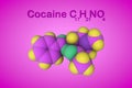 Molecular model of cocaine. Atoms are represented as spheres with color coding: oxygen green, nitrogen blue Royalty Free Stock Photo