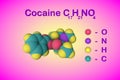 Molecular model of cocaine. Atoms are represented as spheres with color coding: oxygen red, nitrogen purple Royalty Free Stock Photo