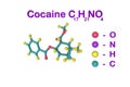 Molecular model of cocaine. Atoms are represented as spheres with color coding: oxygen red, nitrogen purple Royalty Free Stock Photo