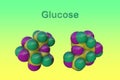 Molecular model of glucose or dextrose, a simple sugar circulates in the blood as blood sugar. Scientific background. 3d