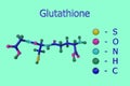 Molecular model of glutathione, isolated on light blue background. Glutathione is an antioxidant in plants, animals