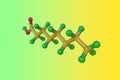 Molecular structure of octanoic or caprylic acid, a saturated fatty acid, which is found in palm, coconut oil and milk