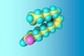 Molecular model of oleic acid. It is a monounsaturated fatty acid that occurs in various animal and vegetable fats and