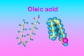 Molecular model of oleic acid. It is a monounsaturated fatty acid that occurs in various animal and vegetable fats and