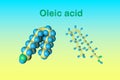 Molecular model of oleic acid. It is a monounsaturated fatty acid that occurs in various animal and vegetable fats and