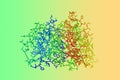 Molecular model of recombinant human interleukin-22. Rendering based on protein data bank entry 1m4r. Rainbow coloring