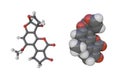 Molecular models of aflatoxin M1. Atoms are shown as spheres with conventional color coding