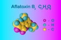 Molecular structure of aflatoxin B2. Atoms are represented as spheres with color coding: oxygen pink, hydrogen light