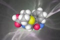 Molecular structure of ampicillin. Atoms are represented as spheres with color coding: carbon grey, oxygen red Royalty Free Stock Photo