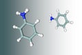 Molecular model of aniline. Atoms are represented as spheres with conventional color coding: carbon grey, nitrogen