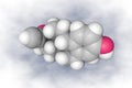 Molecular structure of ethinylestradiol. Atoms are represented as spheres with color coding: carbon grey, oxygen red