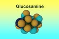 Molecular structure of glucosamine. Glucosamine is used as a treatment for osteoarthritis. Scientific background. 3d