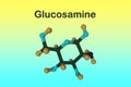 Molecular structure of glucosamine. Glucosamine is used as a treatment for osteoarthritis. Scientific background. 3d