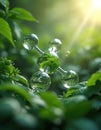 Molecular structure with green vegetation inside. 3D render of molecule floats amid leaves and bright sunlight. Eco tech and Royalty Free Stock Photo