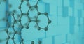 Molecular structure image over blue geometric blocks background