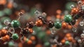 Molecular structure with interconnected atoms in vibrant green, orange, brown hues, research Royalty Free Stock Photo