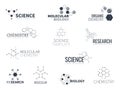 Molecular structure logo. Biological laboratory labels. Chemical connections. Particles constructions. Biology or