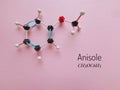 Molecular structure model and chemical formula of anisole molecule. Anise ether, 3d molecular model set