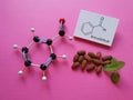 Molecular structure model and chemical formula of benzaldehyde. Benzaldehyde is naturally found in almonds.