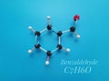 Benzaldehyde, aromatic aldehyde. Molecular structure model and chemical formula of benzaldehyde