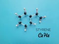 Molecular structure model and chemical formula of styrene molecule. It is used to make polystyrene plastics, rubber, latex