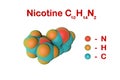 Molecular structure of nicotine, a plant alkaloid present in tobacco. Atoms are represented as spheres with color coding