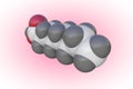 Molecular model of octanoic or caprylic acid. Atoms are represented as spheres with color coding: carbon grey, oxygen