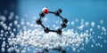Molecular structure representation of a chemical compound on a blue reflective surface with white particles around Royalty Free Stock Photo