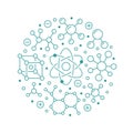 Molecule circle banner, abstract science background. Medical, chemistry poster with atom line icons. Scientific research