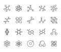 Molecule flat line icons set. Chemistry science, molecular structure, chemical laboratory dna cell protein vector